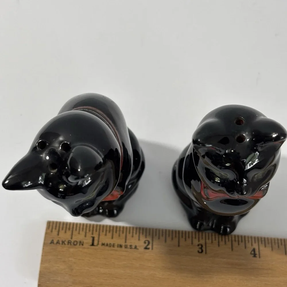 Vintage Shafford Black Cat Salt Pepper Shakers Set Redware Green Eyes Japan